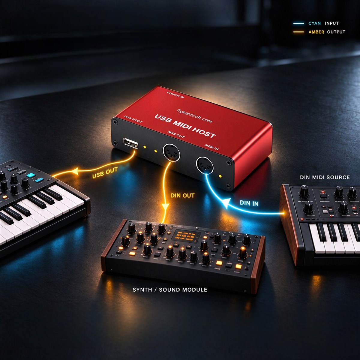 UHOST-A のルーティング図「1入力／2出力」：DIN MIDI IN が USB OUT と DIN MIDI OUT の両方に分岐