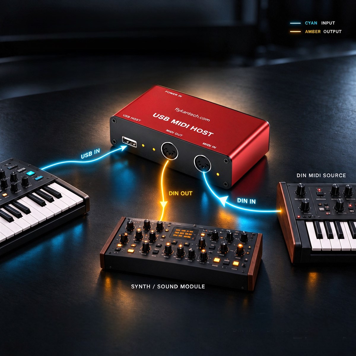 UHOST-A のルーティング図「2入力／1出力」：USB MIDI IN と DIN MIDI IN が DIN MIDI OUT に統合