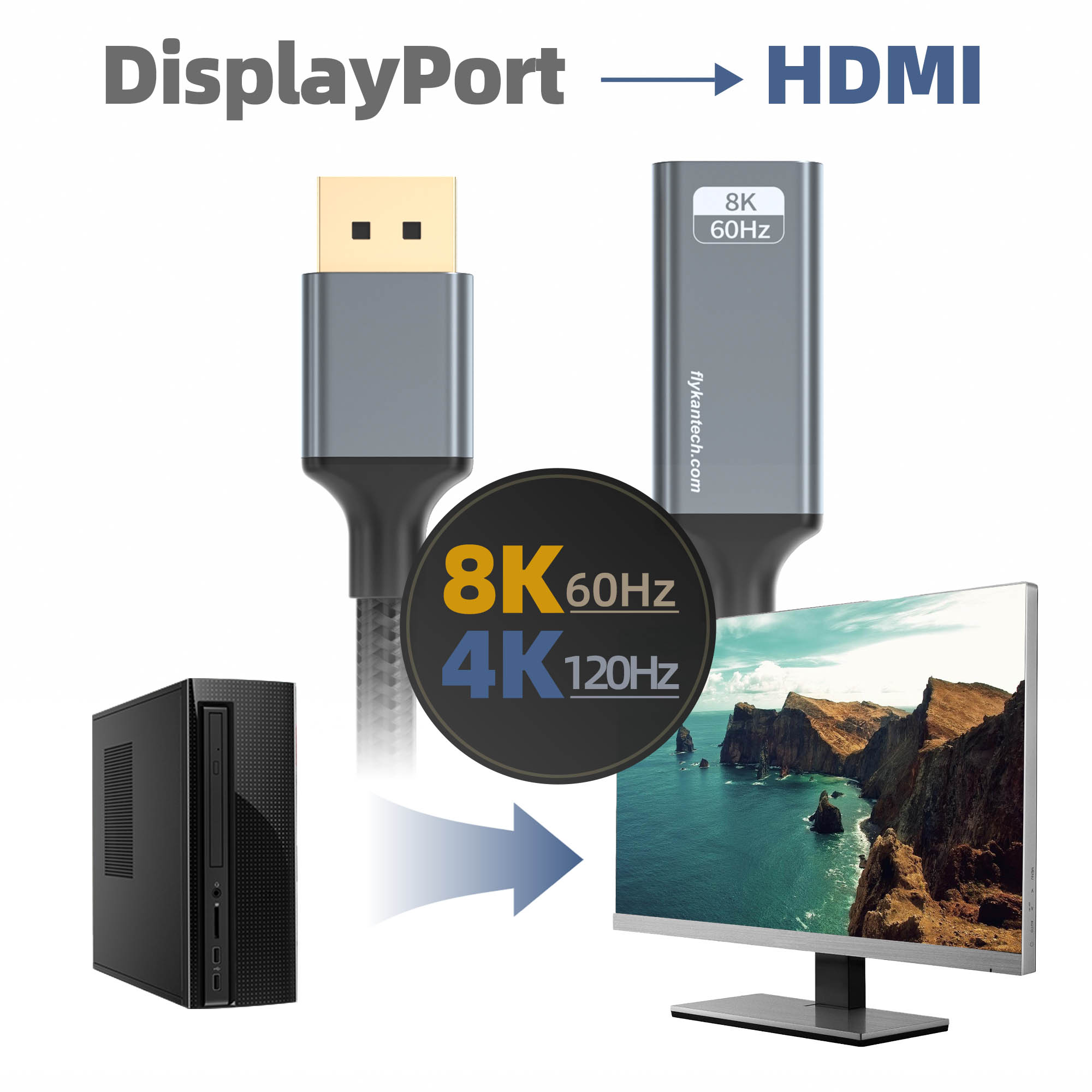 DP2HD860-M2 8K DisplayPort to HDMI Converter (M/F, Metal)