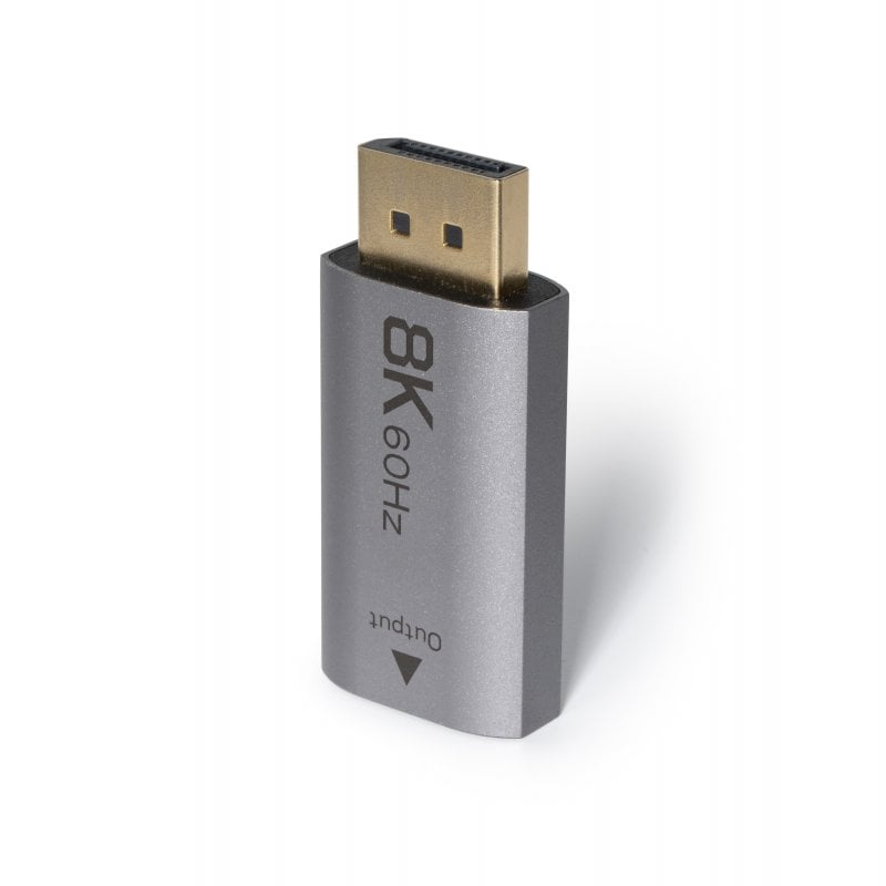 DP2HD8K-A-P1 active DisplayPort 1.4 to HDMI adapter supporting 4K120Hz HDR and 8K60Hz on NVIDIA GPUs, aluminium housing